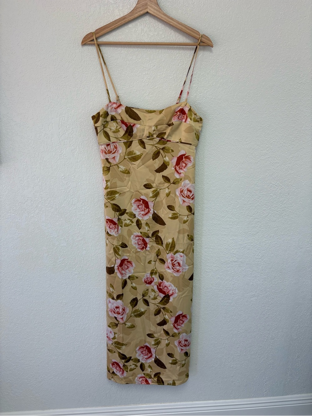 Wayf Beige Floral Midi Slip Dress with Pink Roses